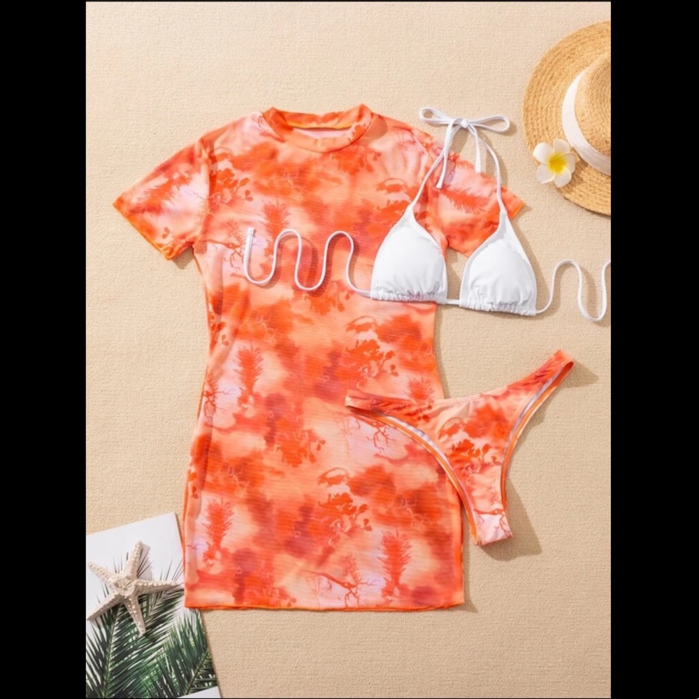 3PC ORANGE/WHITE THONG SWIMSUIT & COVER UP SET (S)